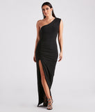 Elia Formal One Shoulder Slit Dress creates the perfect summer wedding guest dress or cocktail party dresss with stylish details in the latest trends for 2023!