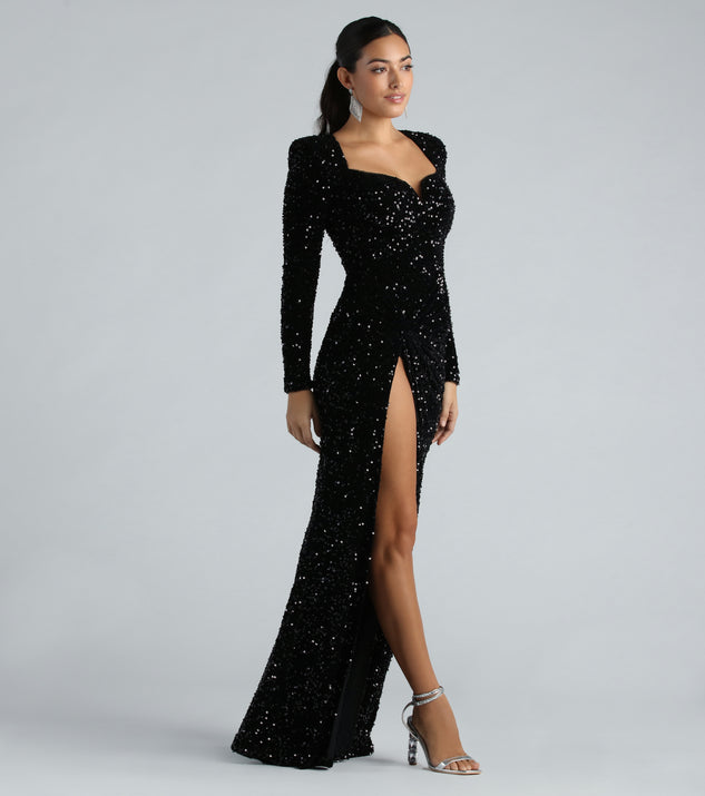 Trina Formal Velvet Sequin Long Sleeve A-Line Dress is a gorgeous pick as your 2024 prom dress or formal gown for wedding guests, spring bridesmaids, or army ball attire!
