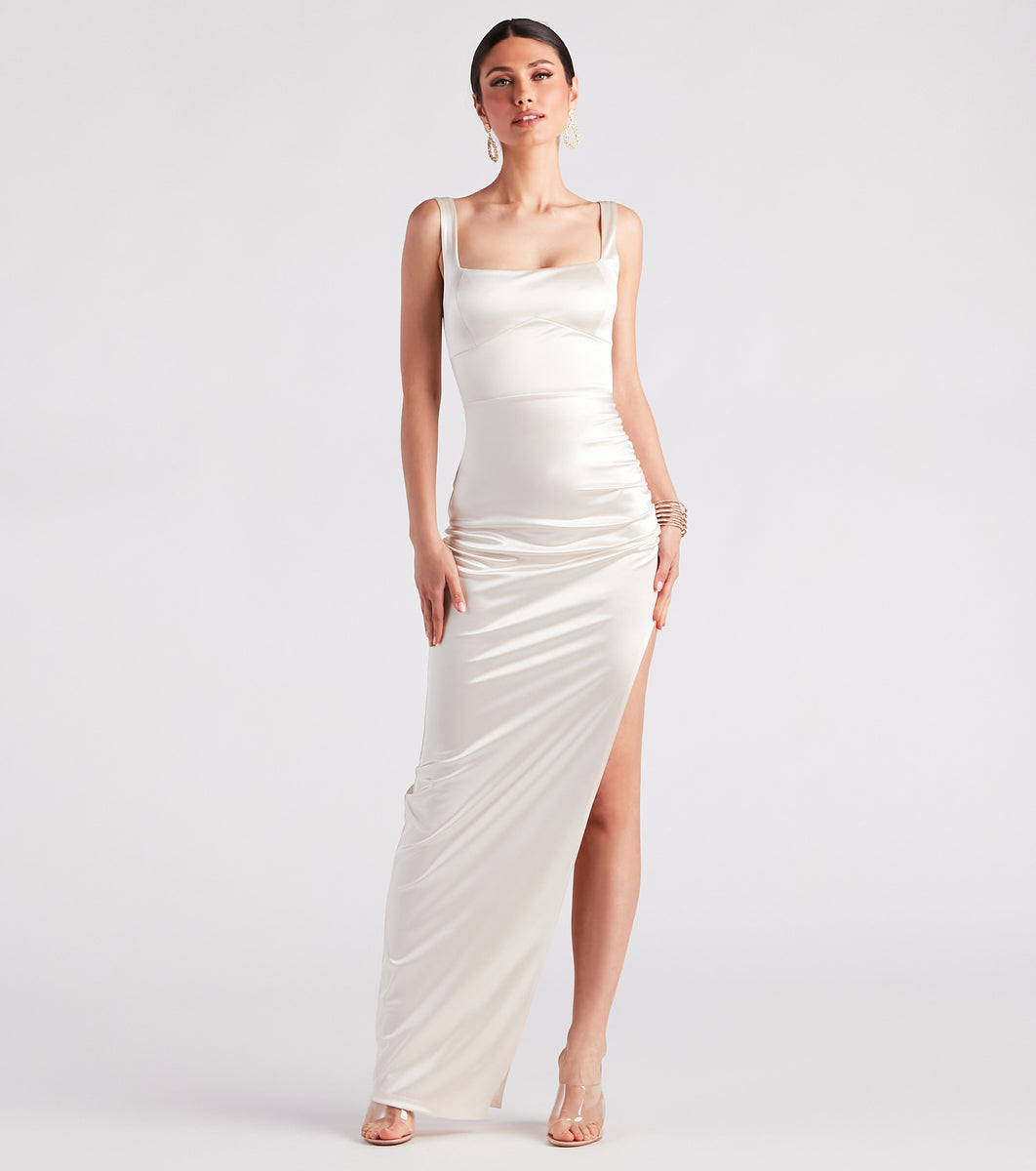 Lia Ruched Satin High Slit Formal Dress & Windsor