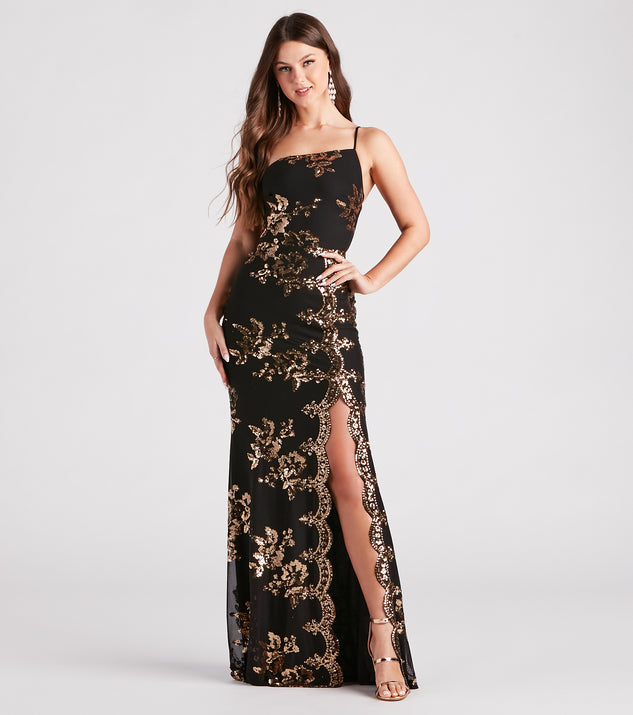 Kamryn Floral Sequin High Slit Formal Dress is a gorgeous pick as your 2024 prom dress or formal gown for wedding guests, spring bridesmaids, or army ball attire!
