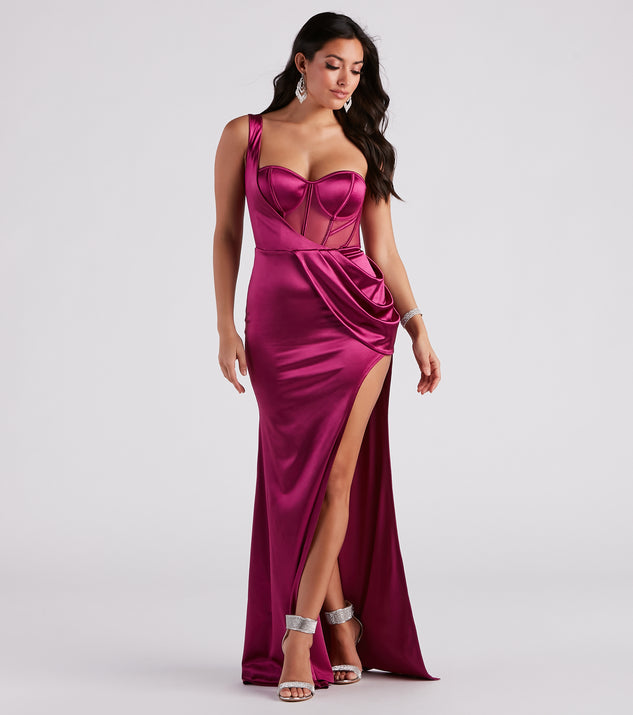 Lo Formal One-Shoulder Satin Corset Dress is a gorgeous pick as your 2024 prom dress or formal gown for wedding guests, spring bridesmaids, or army ball attire!