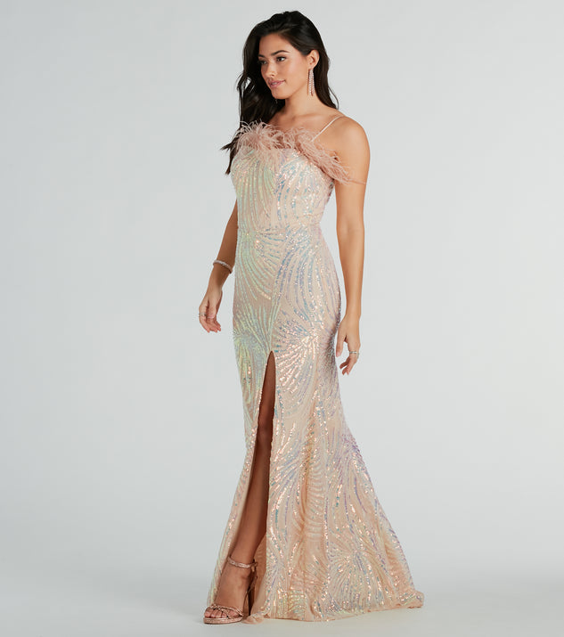 You'll be the best dressed in the London Formal Sequin Feather Mermaid Dress as your summer formal dress with unique details from Windsor.