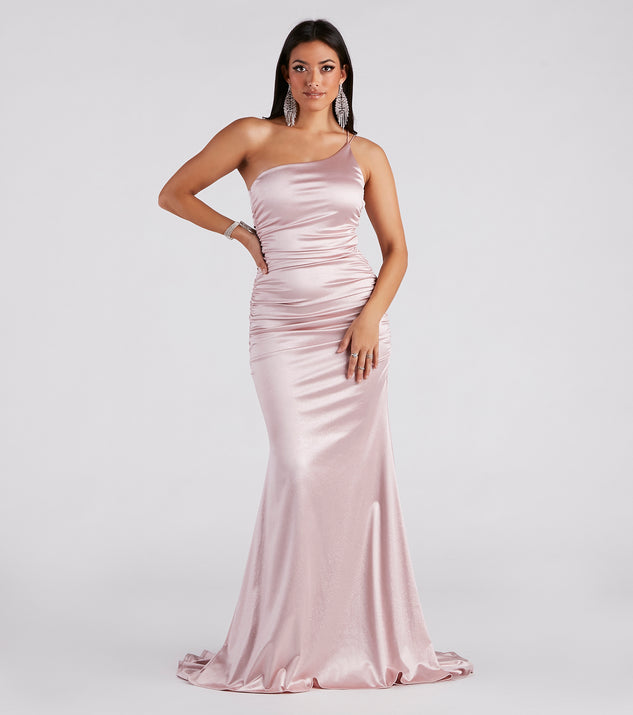 Faith Formal Glitter Ruche Mermaid Dress is a gorgeous pick as your 2024 prom dress or formal gown for wedding guests, spring bridesmaids, or army ball attire!