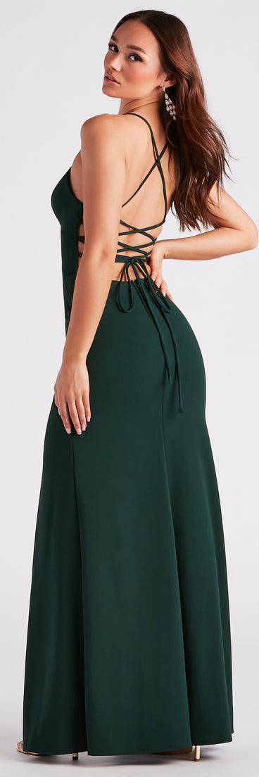 Aaliyah Formal Crepe Lace-Up Mermaid Dress is a gorgeous pick as your summer formal dress for wedding guests, bridesmaids, or military birthday ball attire!