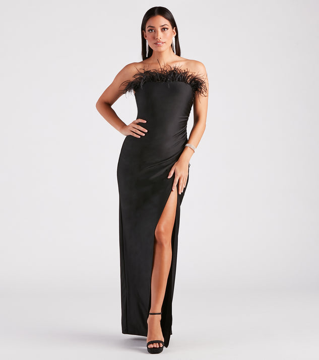 Blake Formal Strapless Feather Mermaid Dress provides a stylish spring wedding guest dress, the perfect dress for graduation, or a cocktail party look in the latest trends for 2024!