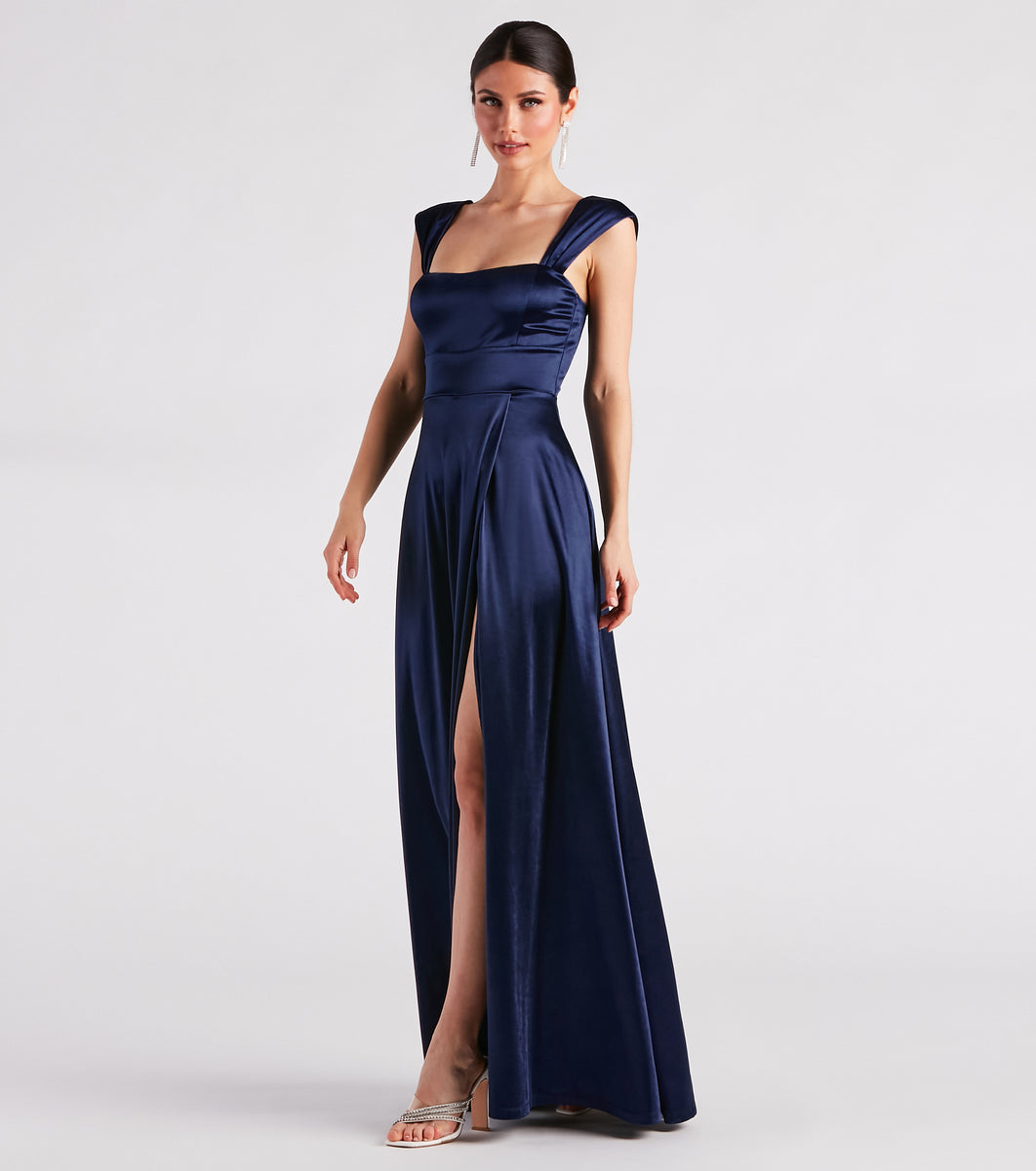 Lisa Satin High Slit A-Line Formal Dress & Windsor