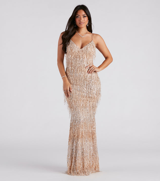 Lara Electra Layered Beaded Fringe V-Neck Gown | David's Bridal