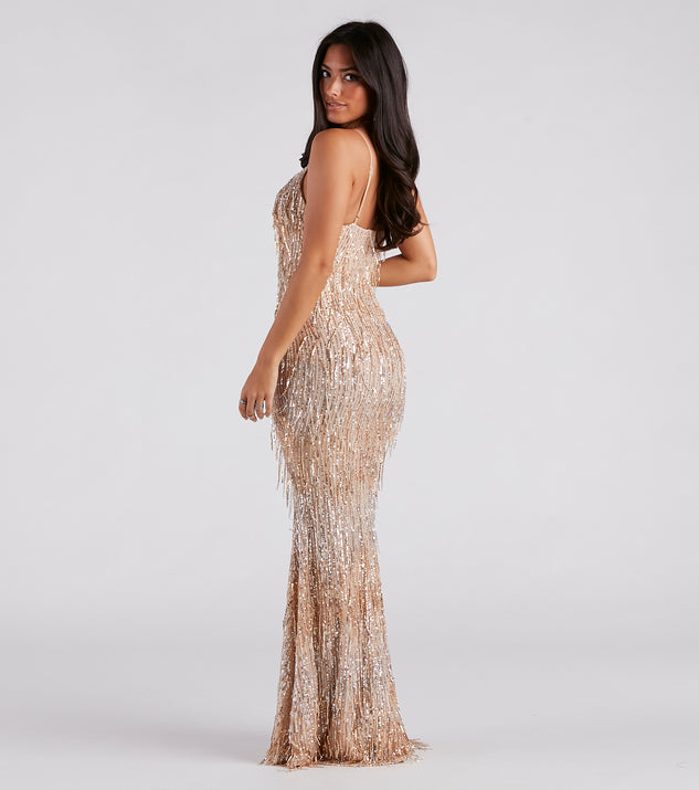 green emerald velvet dress Rebekah Formal Sequin Fringe Mermaid Dress