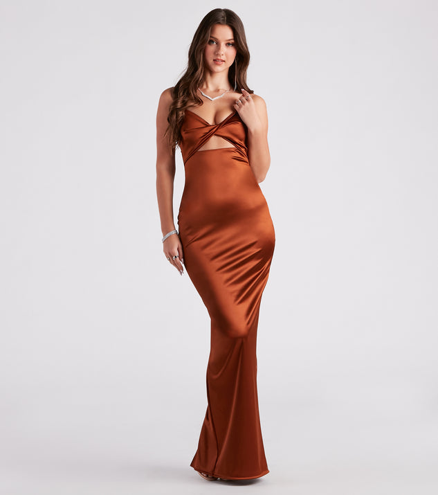 Denise Formal Satin Twist Long Dress is a gorgeous pick as your 2024 prom dress or formal gown for wedding guests, spring bridesmaids, or army ball attire!