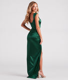 Amora Ruched Satin High Slit Formal Dress is a stunning choice for a bridesmaid dress or maid of honor dress, and to feel beautiful at Prom 2024, spring or summer weddings, formals, & military balls!
