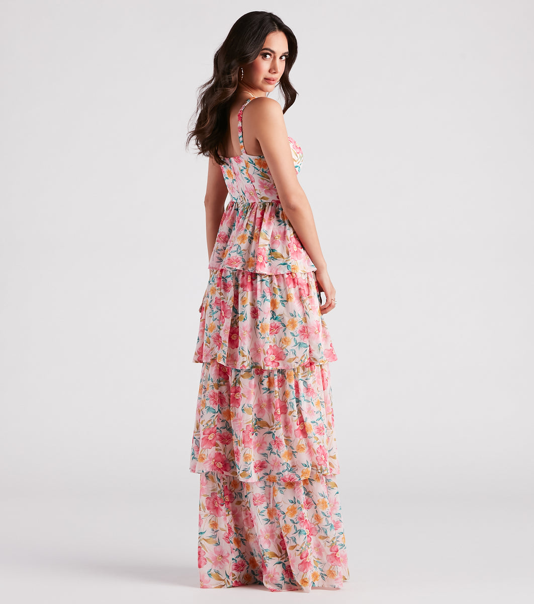 Sheryl Formal Floral Chiffon Ruffle Dress & Windsor