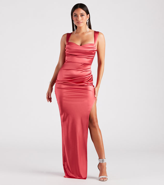 Kirsten Satin Cowl Neck High Slit Formal Dress provides a stylish spring wedding guest dress, the perfect dress for graduation, or a cocktail party look in the latest trends for 2024!