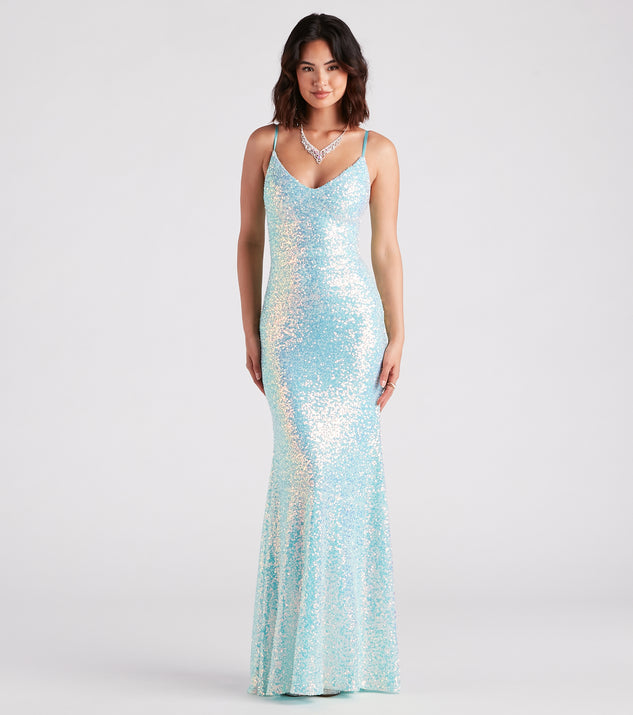 Harmony Formal Iridescent Sequin Mermaid Dress creates the perfect summer wedding guest dress or cocktail party dresss with stylish details in the latest trends for 2023!