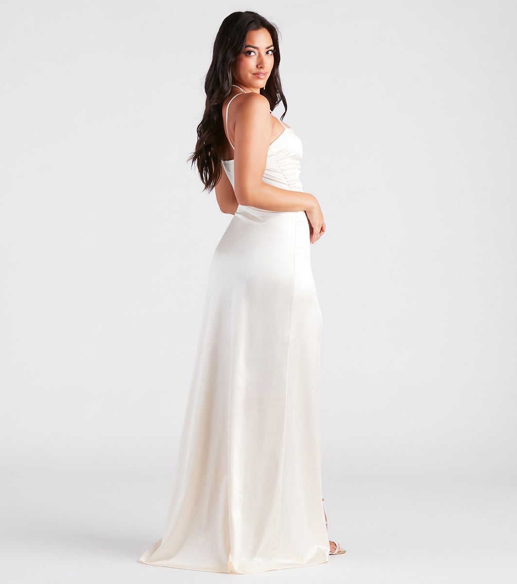 Stylish A-Line Satin V-neck Long Dress With Slit White main image 1