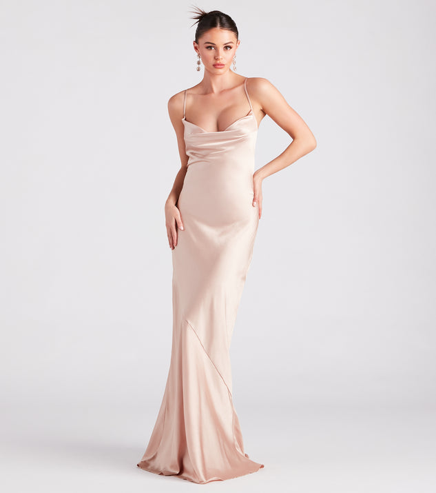 Vanessa Formal Satin Cowl Neck Dress provides a stylish spring wedding guest dress, the perfect dress for graduation, or a cocktail party look in the latest trends for 2024!