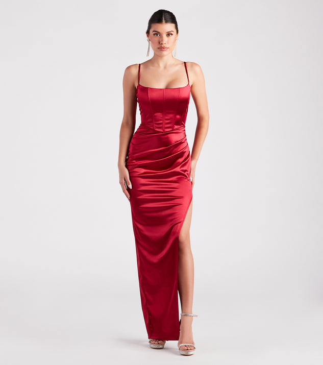 Helena Formal Satin Corset Slit Dress is a gorgeous pick as your 2024 prom dress or formal gown for wedding guests, spring bridesmaids, or army ball attire!