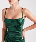 Julie Formal Satin Cowl Neck Wrap Dress is a gorgeous pick as your 2024 prom dress or formal gown for wedding guests, spring bridesmaids, or army ball attire!