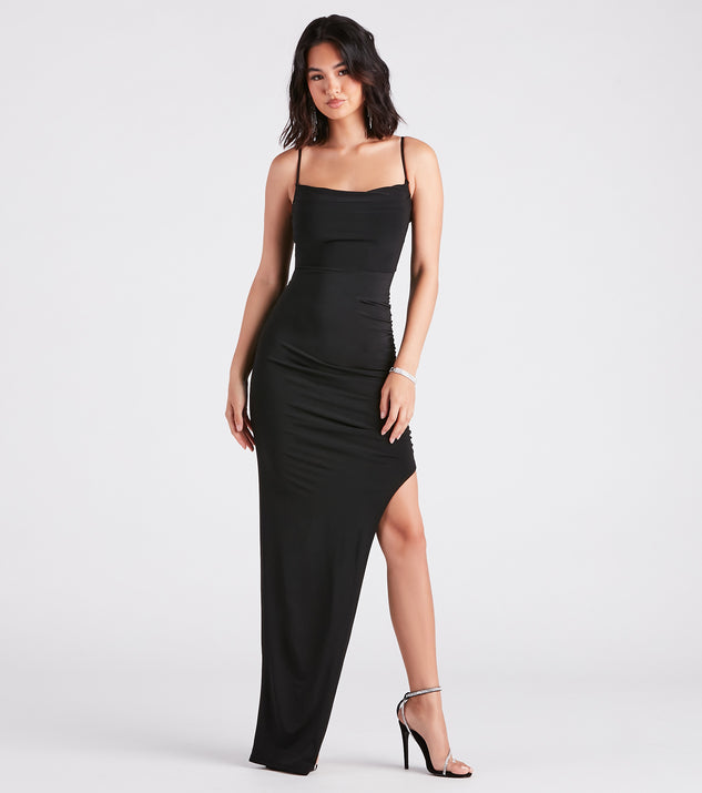 Mina Ruched High Slit Formal Dress creates the perfect summer wedding guest dress or cocktail party dresss with stylish details in the latest trends for 2023!