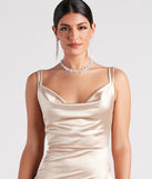 Kaylani Formal Satin Cowl Neck Long Dress creates the perfect summer wedding guest dress or cocktail party dresss with stylish details in the latest trends for 2023!