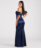 Rose Formal Satin Off-The-Shoulder Mermaid Dress is a gorgeous pick as your 2024 prom dress or formal gown for wedding guests, spring bridesmaids, or army ball attire!