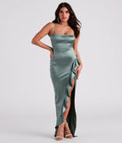 Lauren Ruffled Slit Satin Formal Dress creates the perfect summer wedding guest dress or cocktail party dresss with stylish details in the latest trends for 2023!