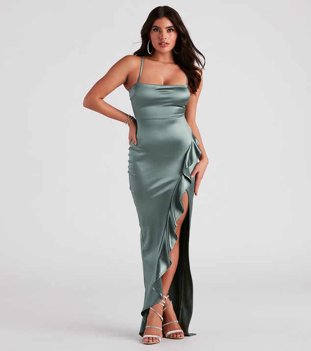 Lauren Ruffled Slit Satin Formal Dress creates the perfect summer wedding guest dress or cocktail party dresss with stylish details in the latest trends for 2023!