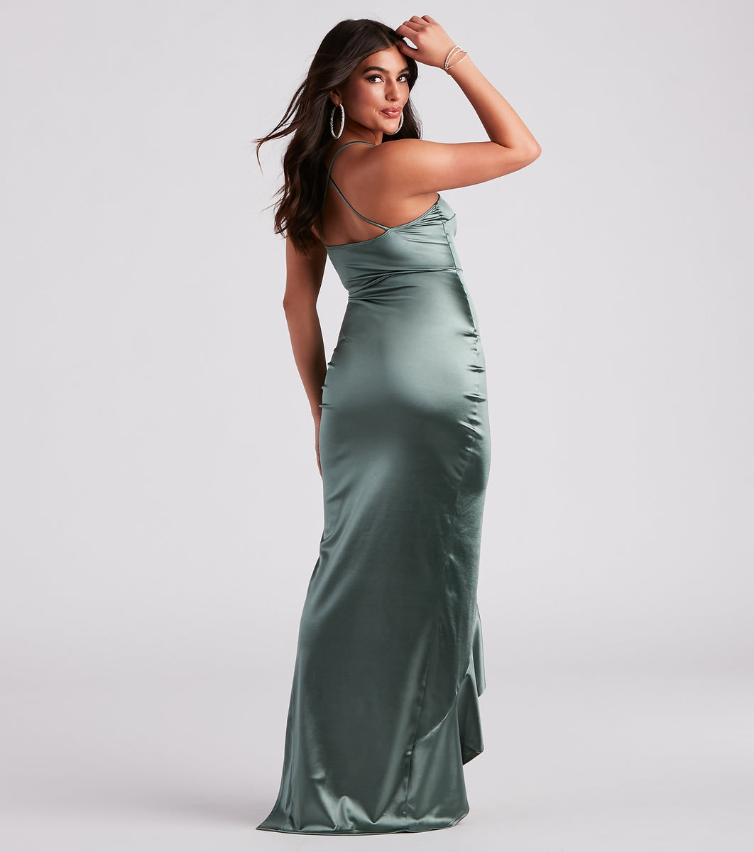 Rust Formal Dress Elegant V-Neck A Line Slit Stretch Satin Long Formal Dress main image 0