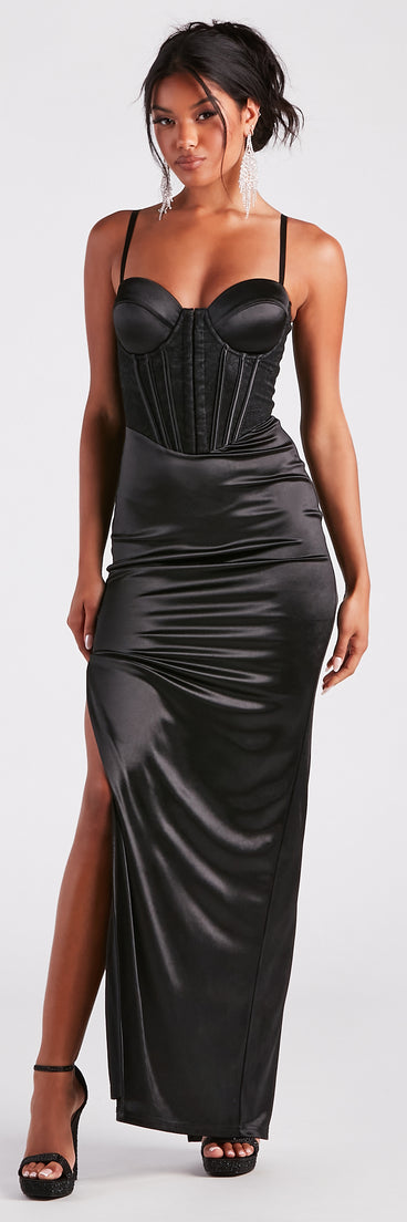 Alejandra Formal Satin Lace Corset Dress creates the perfect spring or summer wedding guest dress or cocktail attire with chic styles in the latest trends for 2024!