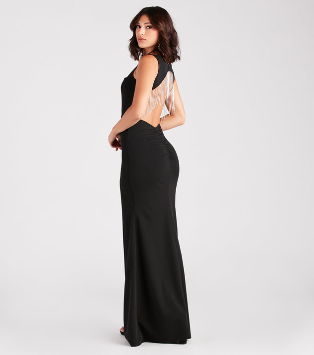 Bella Formal Crepe Rhinestone Open Back Dress is a stunning choice for a bridesmaid dress or maid of honor dress, and to feel beautiful at Prom 2024, spring or summer weddings, formals, & military balls!