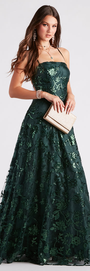 Cameron Sequin Embroidered A-Line Formal  Green Prom Dress is a gorgeous pick as your 2023 prom dress or formal gown for wedding guest, spring bridesmaid, or army ball attire!