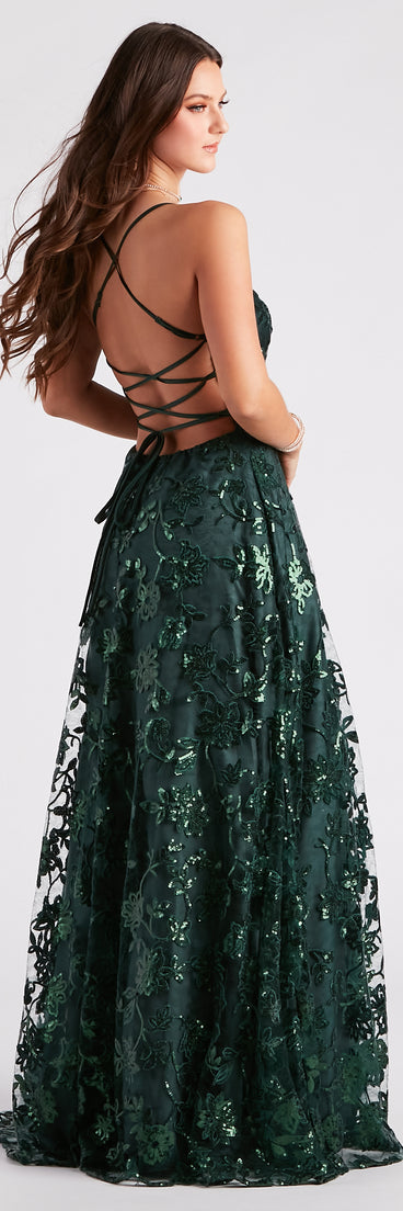 Cameron Sequin Embroidered A-Line Formal  Green Prom Dress is a gorgeous pick as your 2023 prom dress or formal gown for wedding guest, spring bridesmaid, or army ball attire!