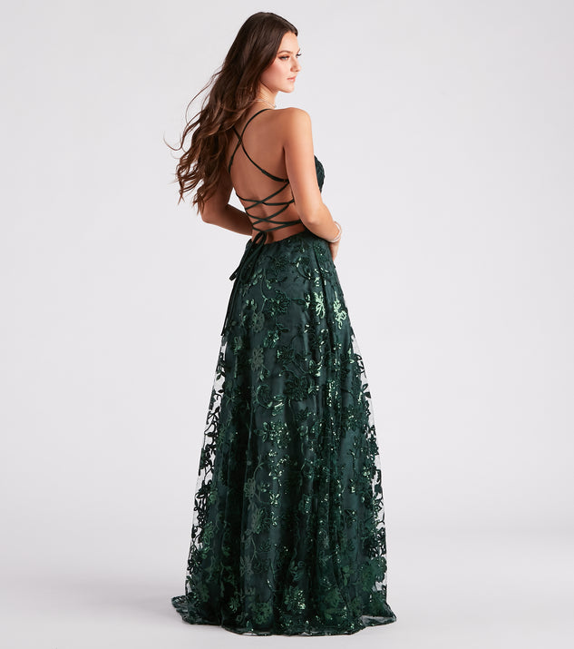 Cameron Sequin Embroidered A-Line Formal  Green Prom Dress is a gorgeous pick as your 2023 prom dress or formal gown for wedding guest, spring bridesmaid, or army ball attire!