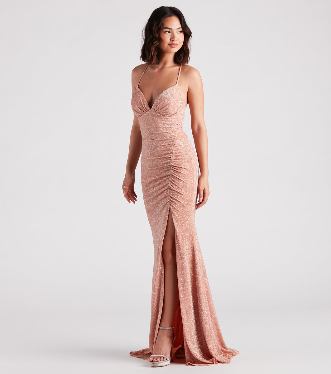 Rosalyn Ruched Glitter Knit High Slit Formal Dress