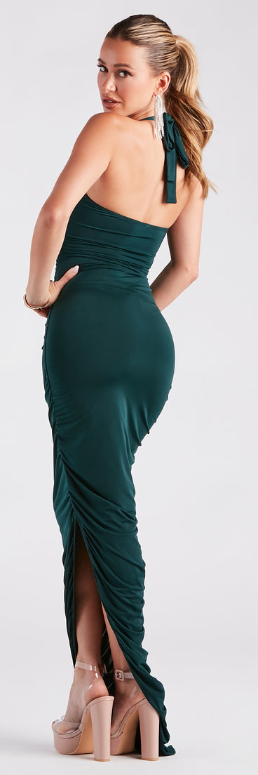 Britt Halter High Slit Ruched Formal Dress is a gorgeous pick as your 2024 prom dress or formal gown for wedding guests, spring bridesmaids, or army ball attire!