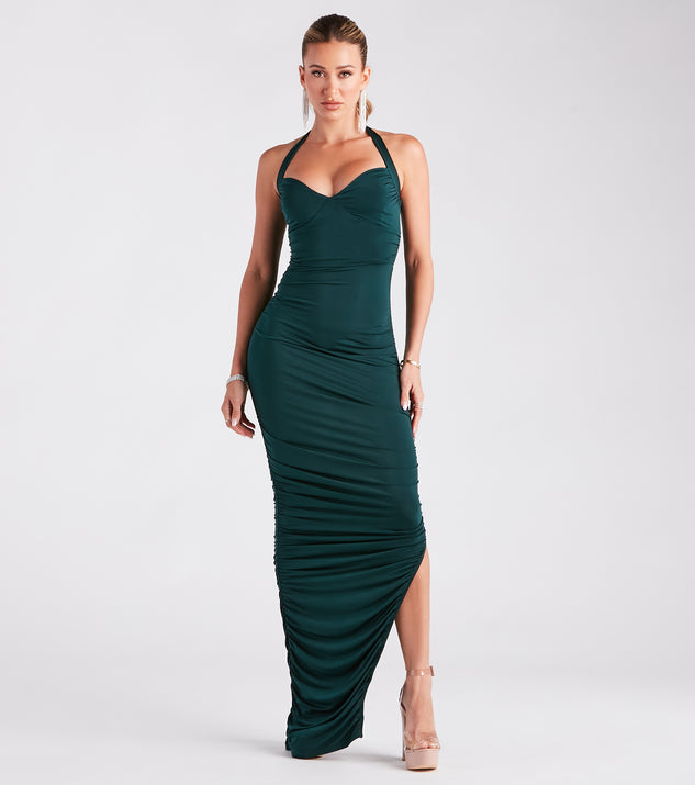 Britt Halter High Slit Ruched Formal Dress is a gorgeous pick as your 2024 prom dress or formal gown for wedding guests, spring bridesmaids, or army ball attire!