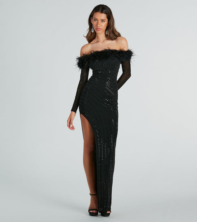 Chloe Feather Trim Rhinestone Mesh Formal Dress is a gorgeous pick as your 2024 prom dress or formal gown for wedding guests, spring bridesmaids, or army ball attire!