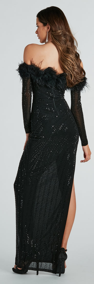 Chloe Feather Trim Rhinestone Mesh Formal Dress is a gorgeous pick as your 2024 prom dress or formal gown for wedding guests, spring bridesmaids, or army ball attire!