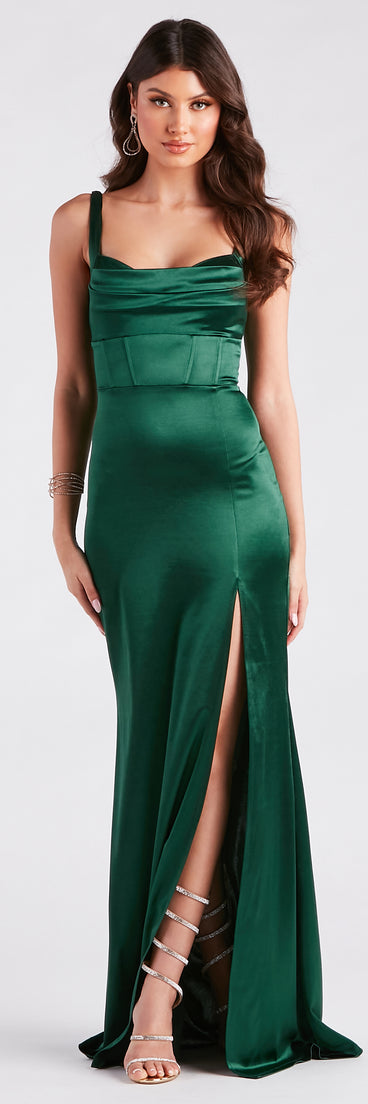 Ameera Formal Satin Corset Mermaid Dress is a gorgeous pick as your 2024 prom dress or formal gown for wedding guests, spring bridesmaids, or army ball attire!