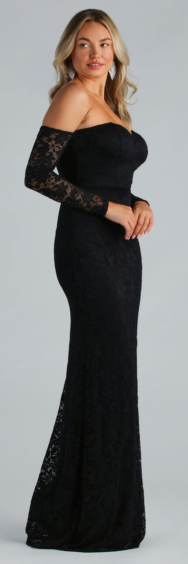 Sammy Formal Lace Off-The-Shoulder Mermaid Dress is a gorgeous pick as your formal dress for wedding guests, fall bridesmaids, or military birthday ball attire!
