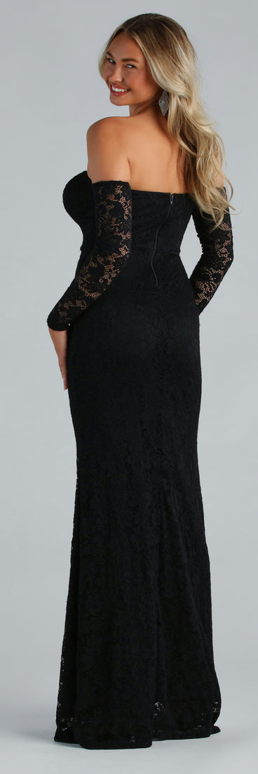 Sammy Formal Lace Off-The-Shoulder Mermaid Dress is a gorgeous pick as your formal dress for wedding guests, fall bridesmaids, or military birthday ball attire!