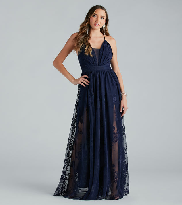 Lina Flocked Velvet A-Line Formal Dress is a gorgeous pick as your 2024 prom dress or formal gown for wedding guests, spring bridesmaids, or army ball attire!