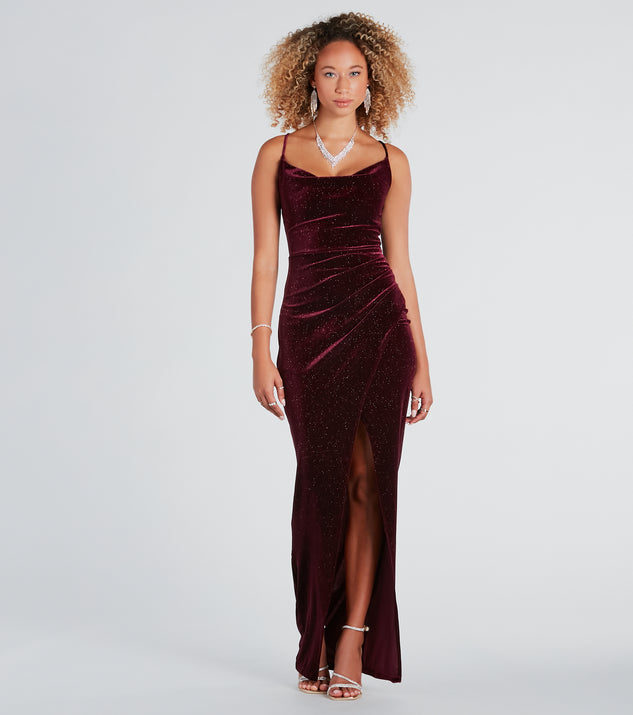 Prianka Formal Glitter Velvet Cowl Neck Dress creates the perfect summer wedding guest dress or cocktail attire with chic styles in the latest trends for 2024!
