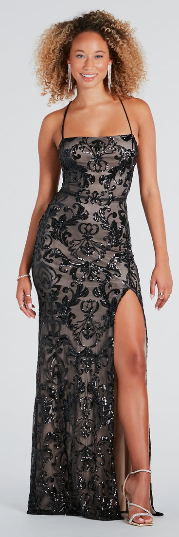 Fiona Formal Sequin Lace-Up Mermaid Dress is a gorgeous pick as your formal dress for wedding guests, fall bridesmaids, or military birthday ball attire!