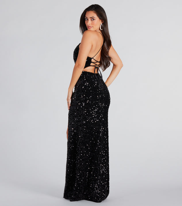 Giselle Formal Sequin Velvet Lace-Up Dress is a gorgeous pick as your summer formal dress for wedding guests, bridesmaids, or military birthday ball attire!