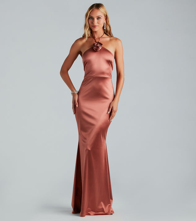 Delphine Formal Satin Rosette Mermaid Dress is a gorgeous pick as your summer formal dress for wedding guests, bridesmaids, or military birthday ball attire!