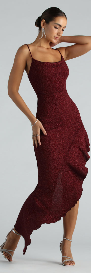 Kylie Formal Glitter Ruffle Long Dress is a gorgeous pick as your summer formal dress for wedding guests, bridesmaids, or military birthday ball attire!