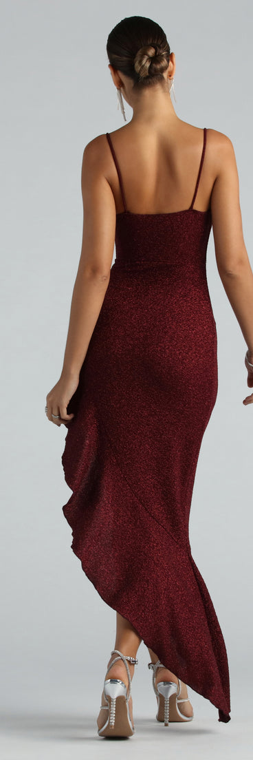 Kylie Formal Glitter Ruffle Long Dress is a gorgeous pick as your summer formal dress for wedding guests, bridesmaids, or military birthday ball attire!