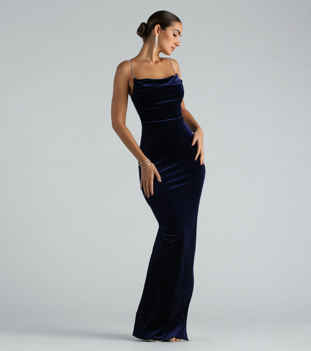 Rhinestone V-Neck Long Formal Dress with Attached Train