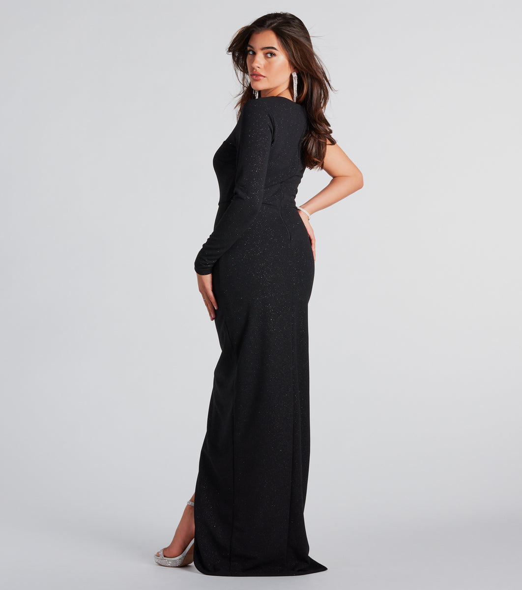 Aimee Formal Glitter Crepe Cutout Long Dress