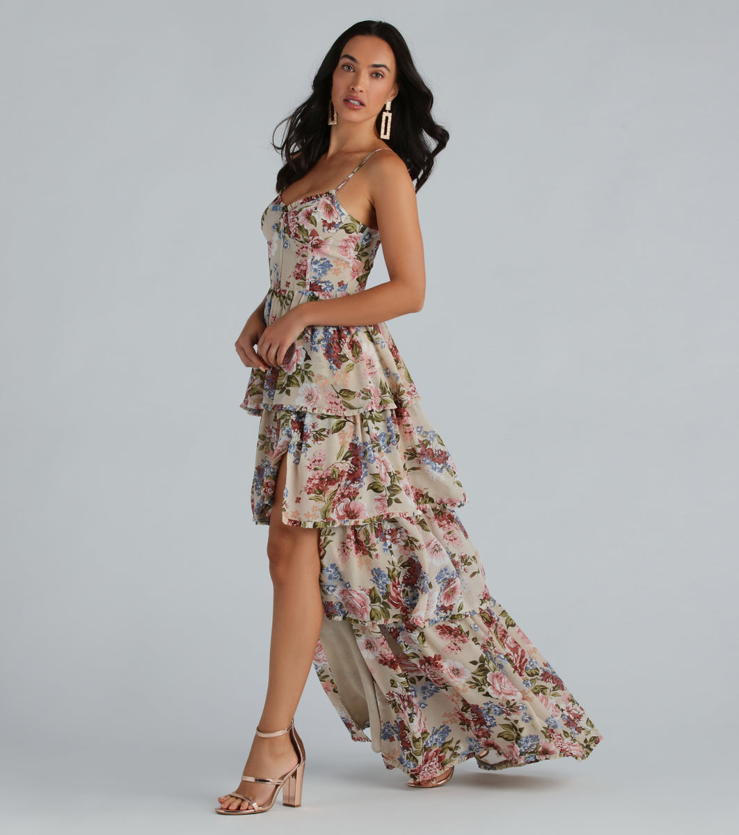 Natalie Formal Chiffon Floral Ruffle A-Line Dress